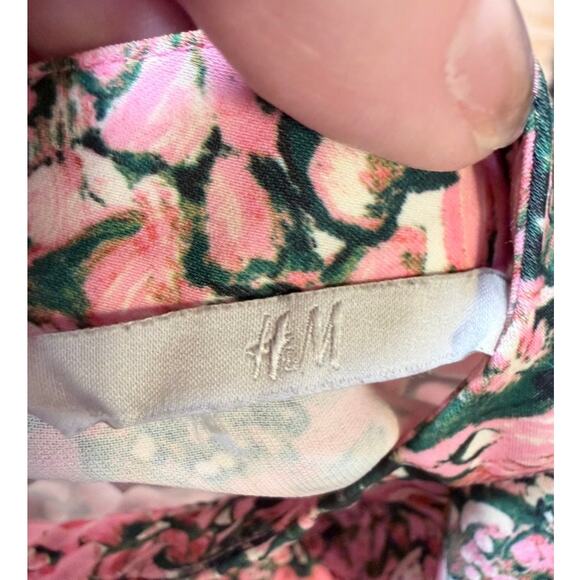 H&M Open Back Retro Floral Print Midi Dress Slit S Pink Green Feminine Coquette - Picture 4 of 11